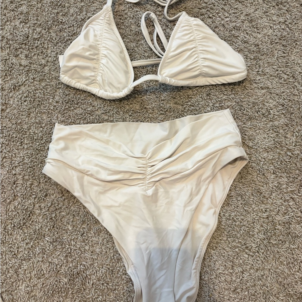 aerie Cream Ruched High-Waist Bikini Set